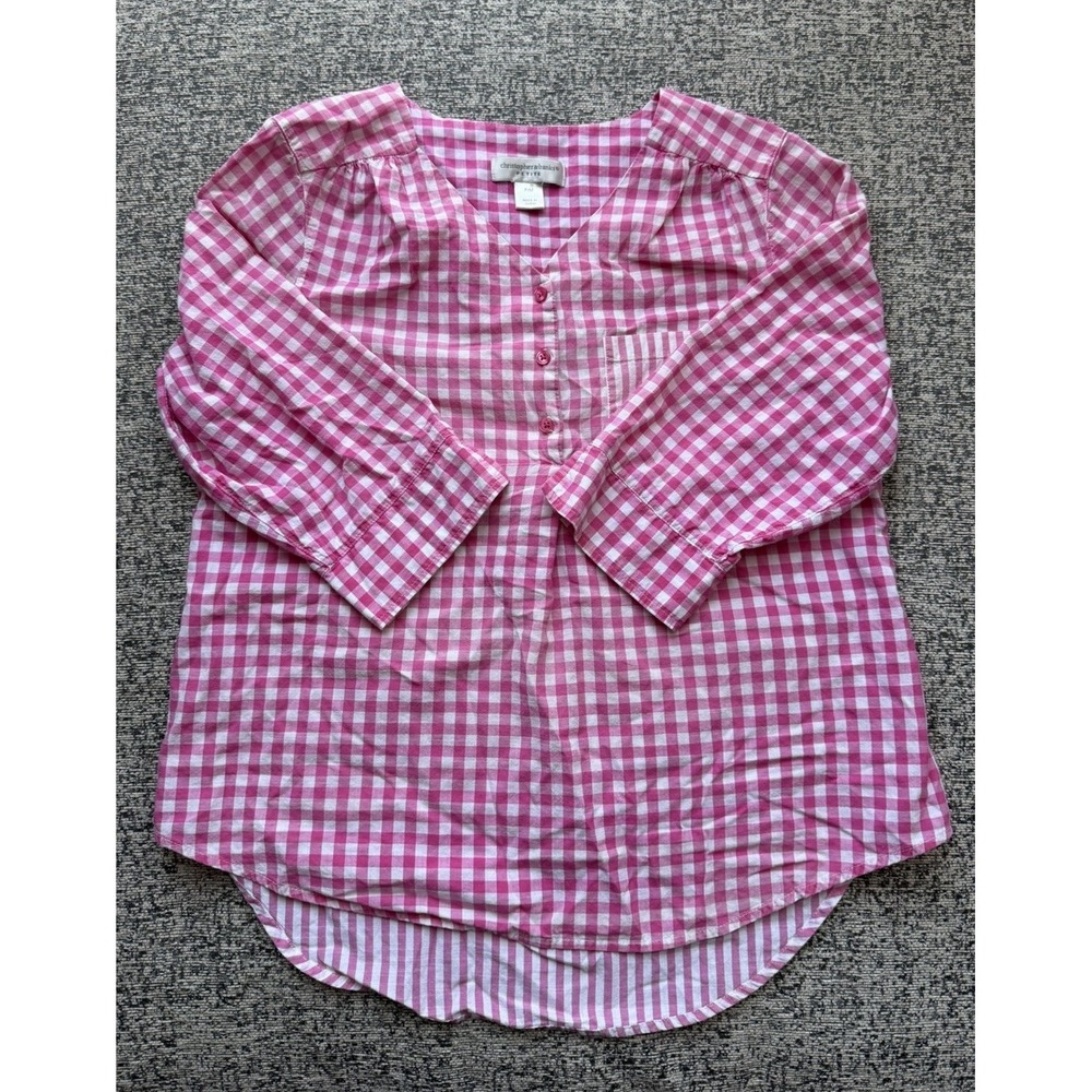 Christopher & Banks Pink Gingham Blouse Petite PM 100% Cotton 3/4 Sleeve
